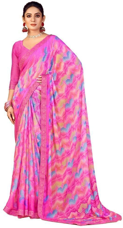 Geometric Print, Graphic Print, Printed Bandhani Chiffon, Lace Saree (Pink)