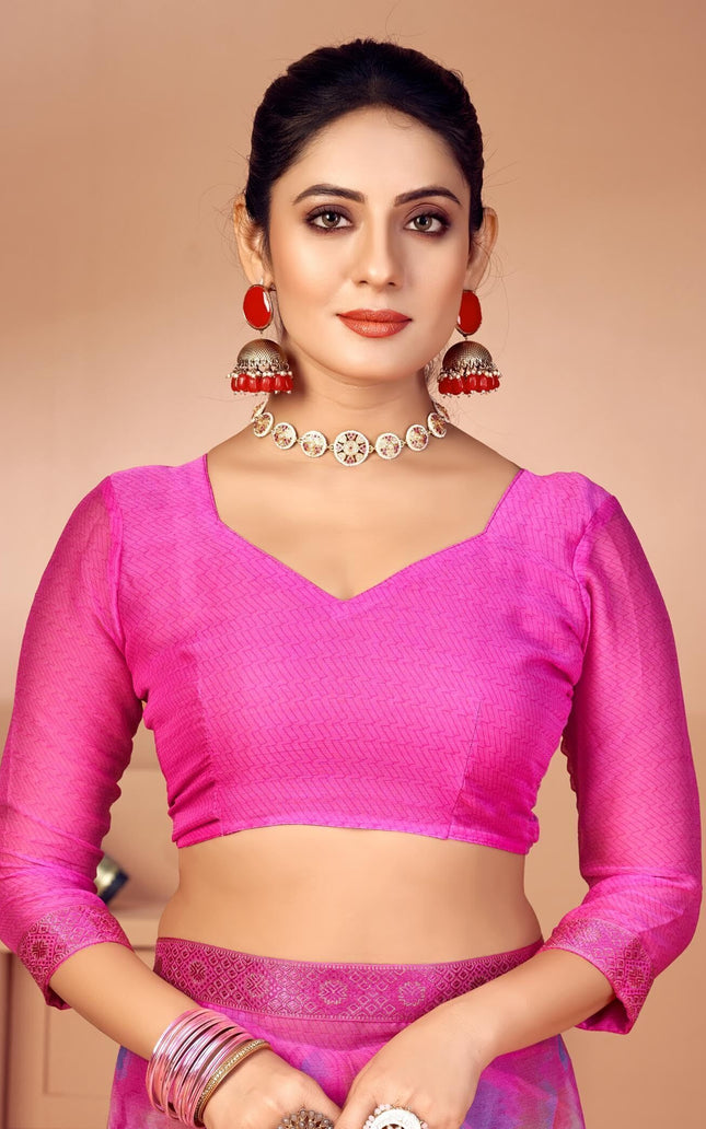 Geometric Print, Graphic Print, Printed Bandhani Chiffon, Lace Saree (Pink)