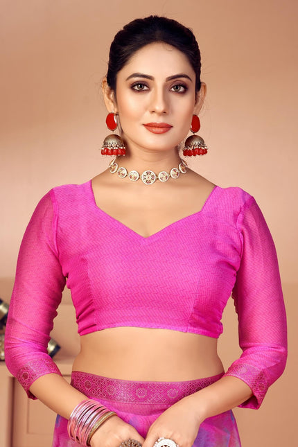 Geometric Print, Graphic Print, Printed Bandhani Chiffon, Lace Saree (Pink)