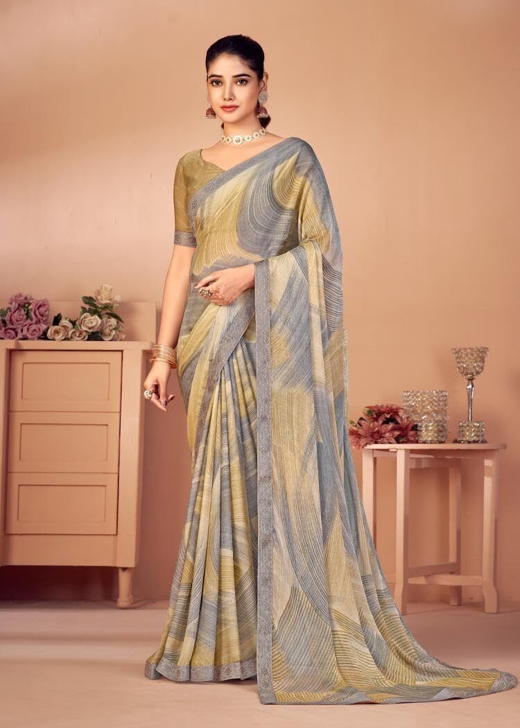 Graphic Print Chiffon Georgette Saree with Attached Border (Beige)