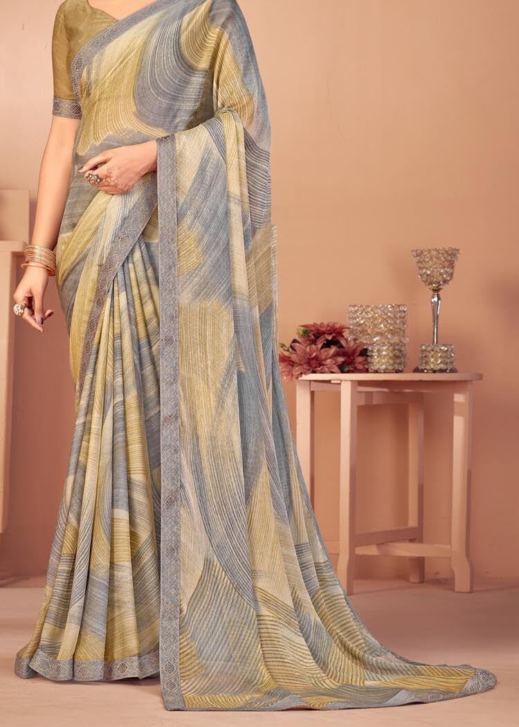 Graphic Print Chiffon Georgette Saree with Attached Border (Beige)