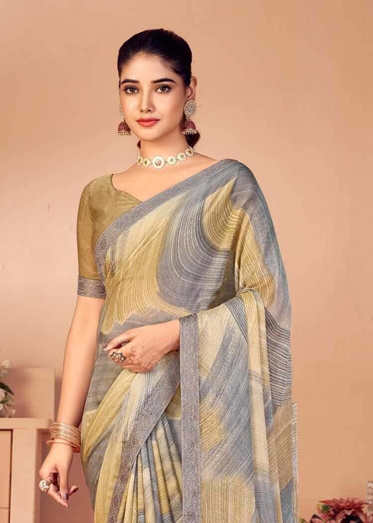 Graphic Print Chiffon Georgette Saree with Attached Border (Beige)