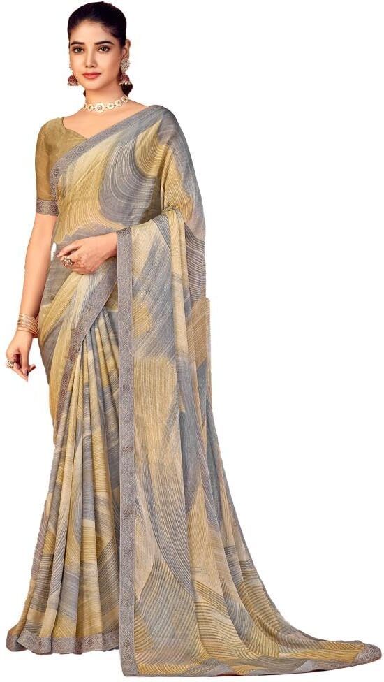 Graphic Print Chiffon Georgette Saree with Attached Border (Beige)