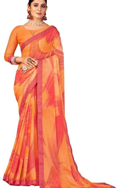 Fancy Multicolored printed, Chiffon saree with attached banarasi border (Gold)