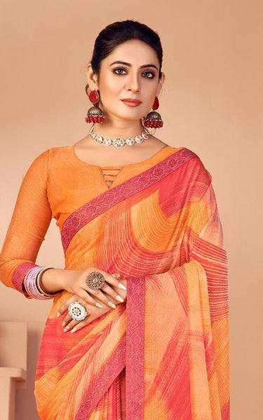 Fancy Multicolored printed, Chiffon saree with attached banarasi border (Gold)