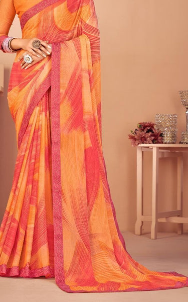 Fancy Multicolored printed, Chiffon saree with attached banarasi border (Gold)