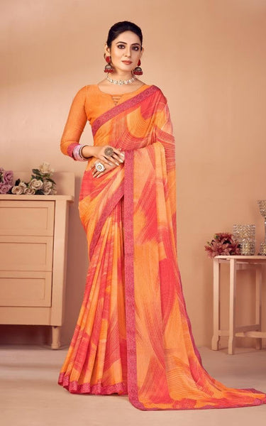 Fancy Multicolored printed, Chiffon saree with attached banarasi border (Gold)