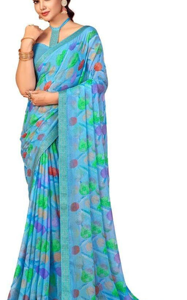 Geometric Print, Graphic Print Bollywood Chiffon, Lace Saree (Blue)