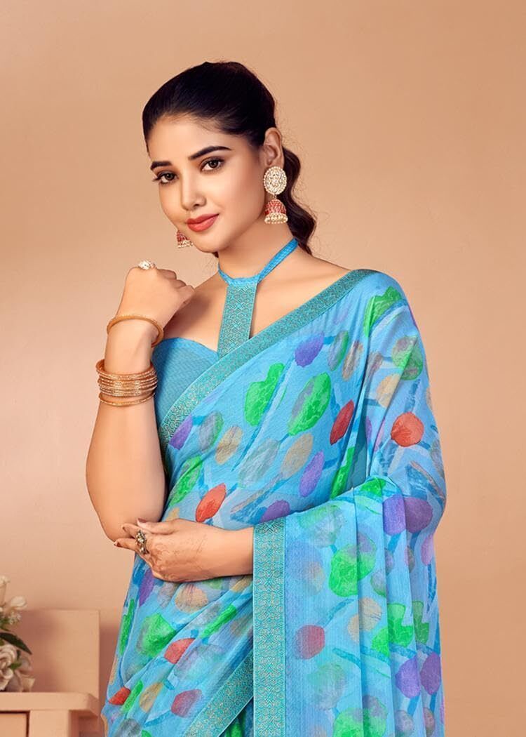 Graphic Print Chiffon Georgette Saree with Attached Border (Sky Blue)