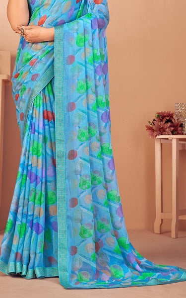 Geometric Print, Graphic Print Bollywood Chiffon, Lace Saree (Blue)
