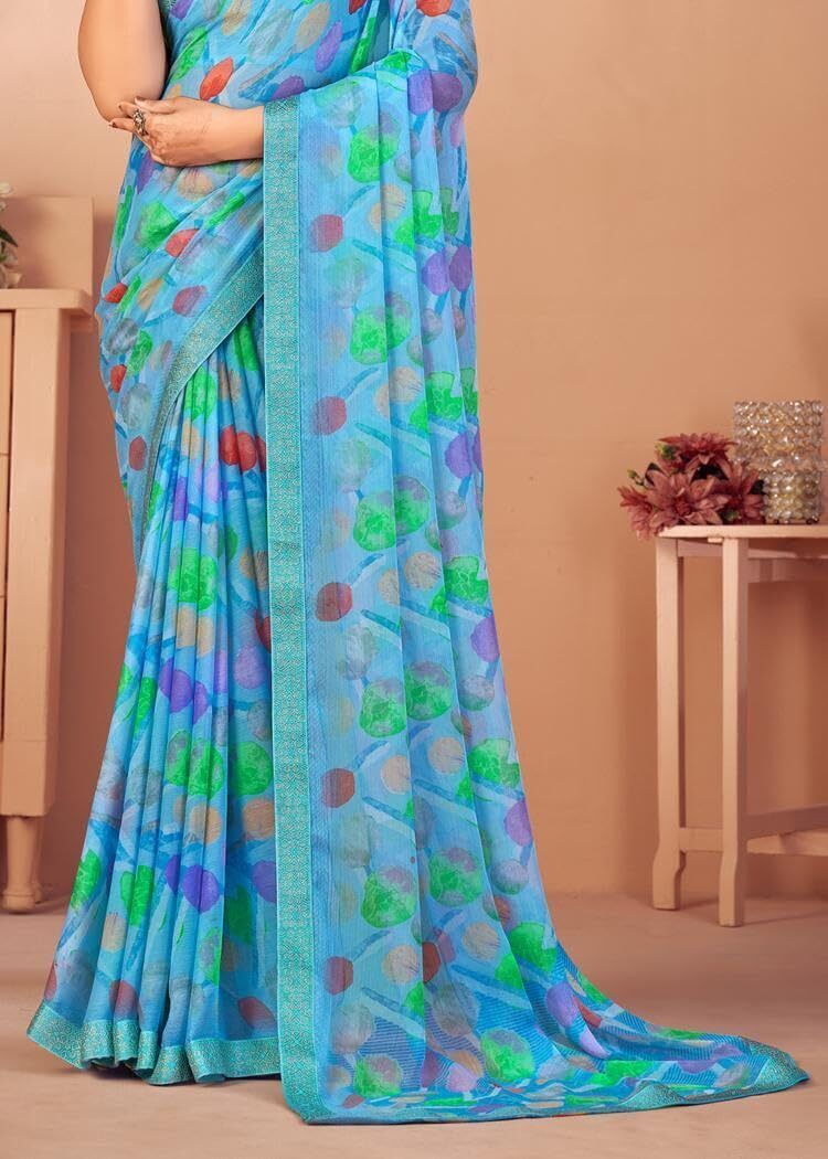 Graphic Print Chiffon Georgette Saree with Attached Border (Sky Blue)