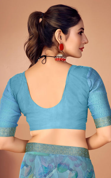 Geometric Print, Graphic Print Bollywood Chiffon, Lace Saree (Blue)