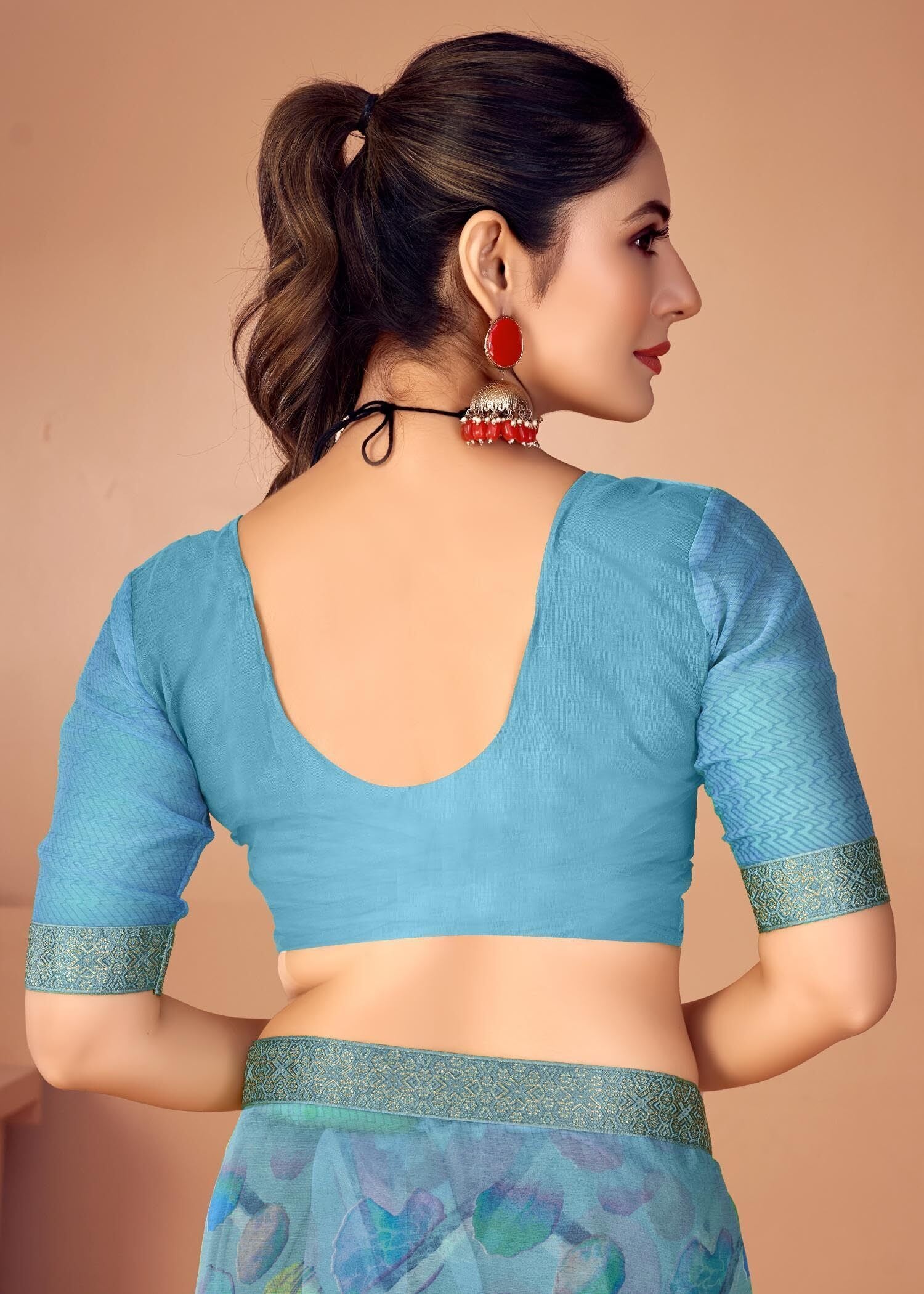 Graphic Print Chiffon Georgette Saree with Attached Border (Sky Blue)