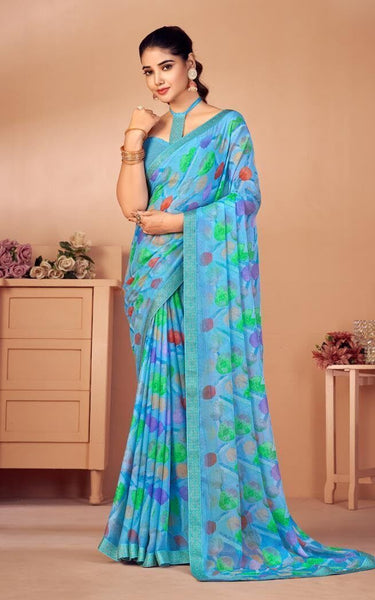 Geometric Print, Graphic Print Bollywood Chiffon, Lace Saree (Blue)