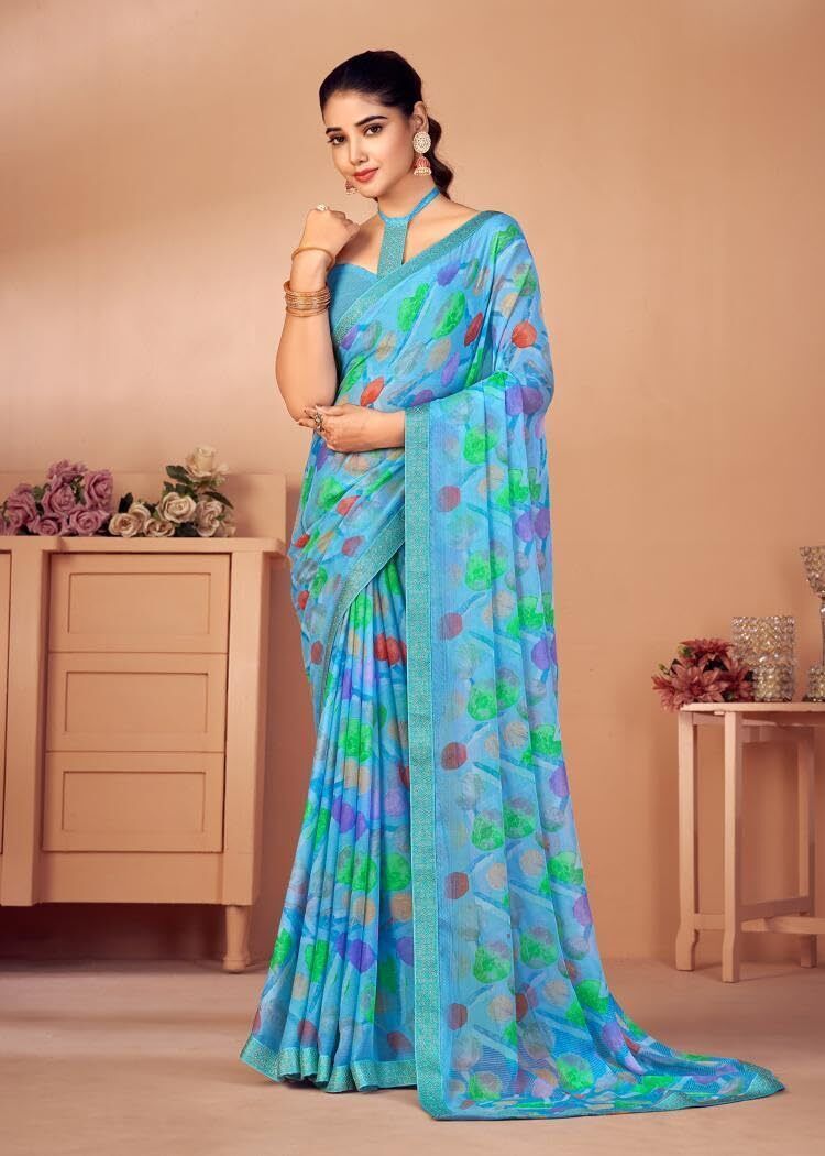 Graphic Print Chiffon Georgette Saree with Attached Border (Sky Blue)