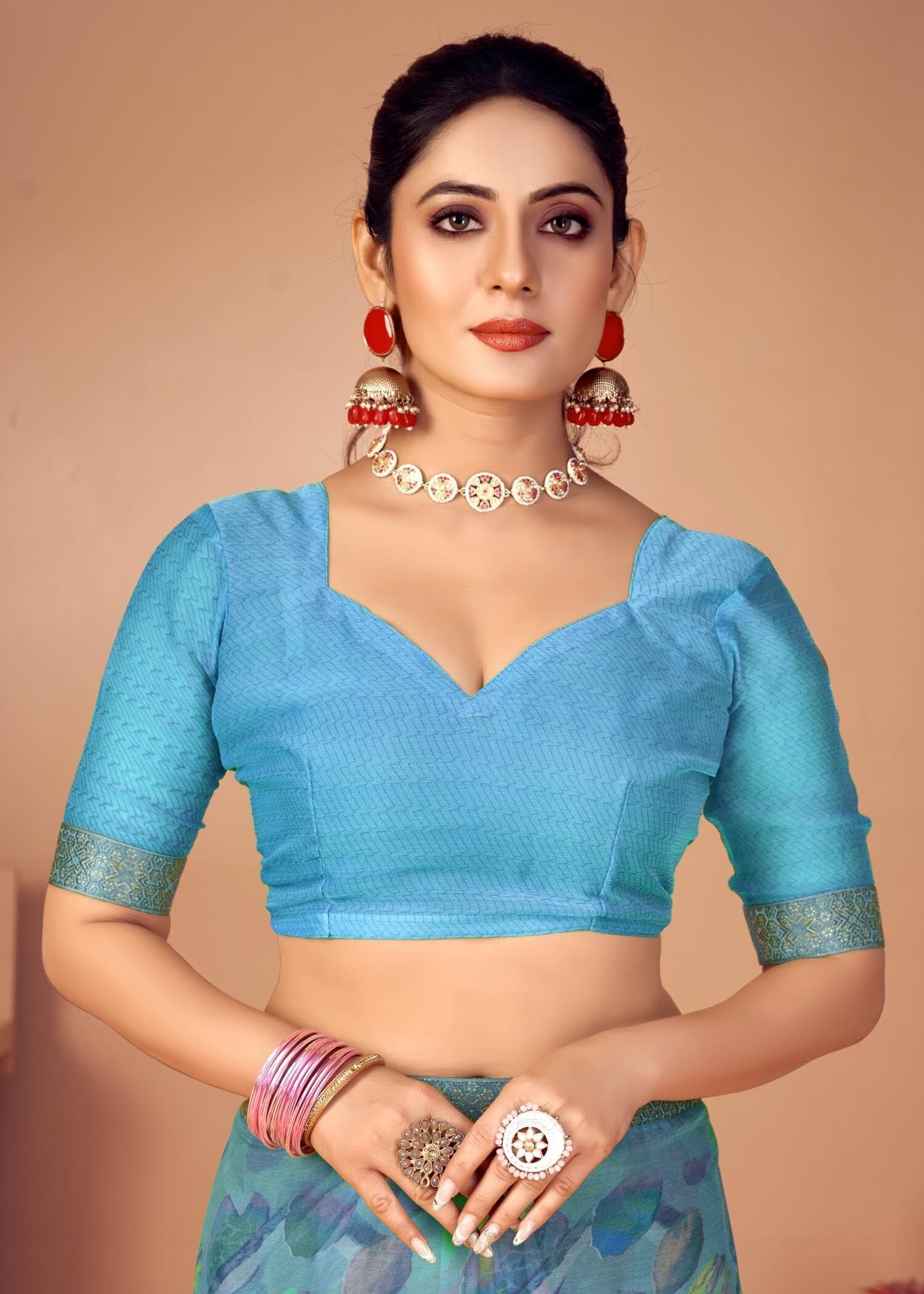 Graphic Print Chiffon Georgette Saree with Attached Border (Sky Blue)