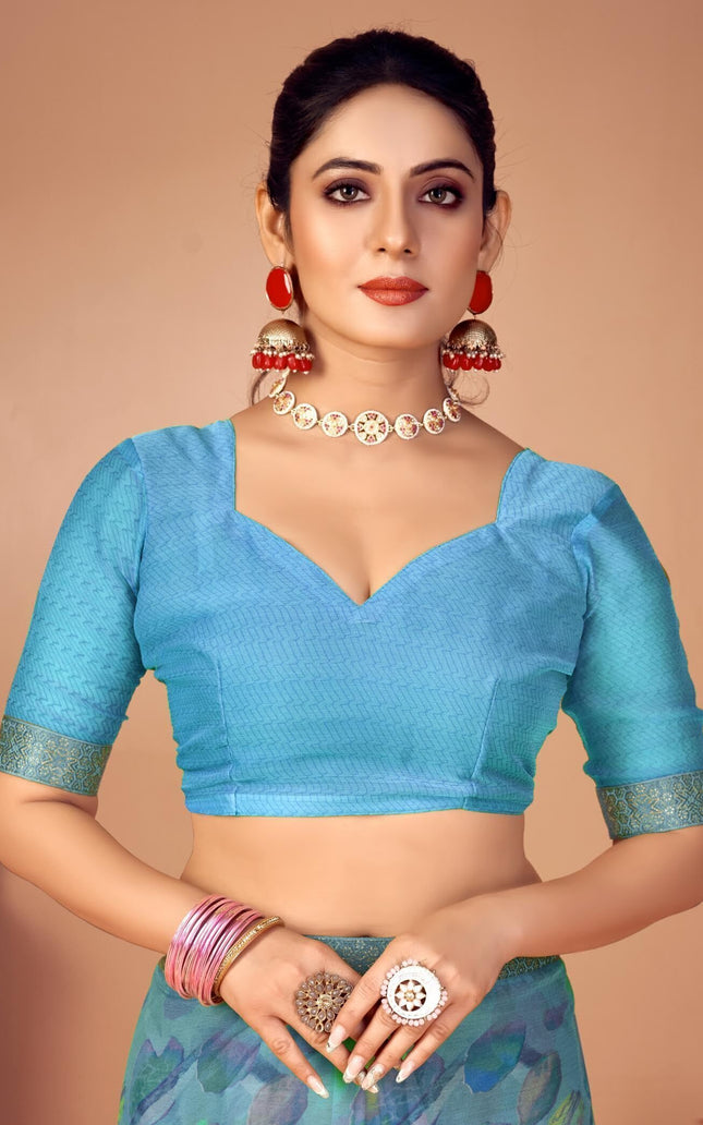 Geometric Print, Graphic Print, Printed Bandhani Chiffon, Lace Saree (Blue)