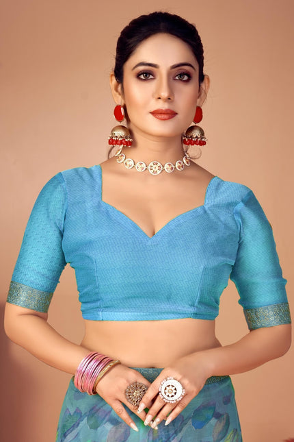 Geometric Print, Graphic Print, Printed Bandhani Chiffon, Lace Saree (Blue)