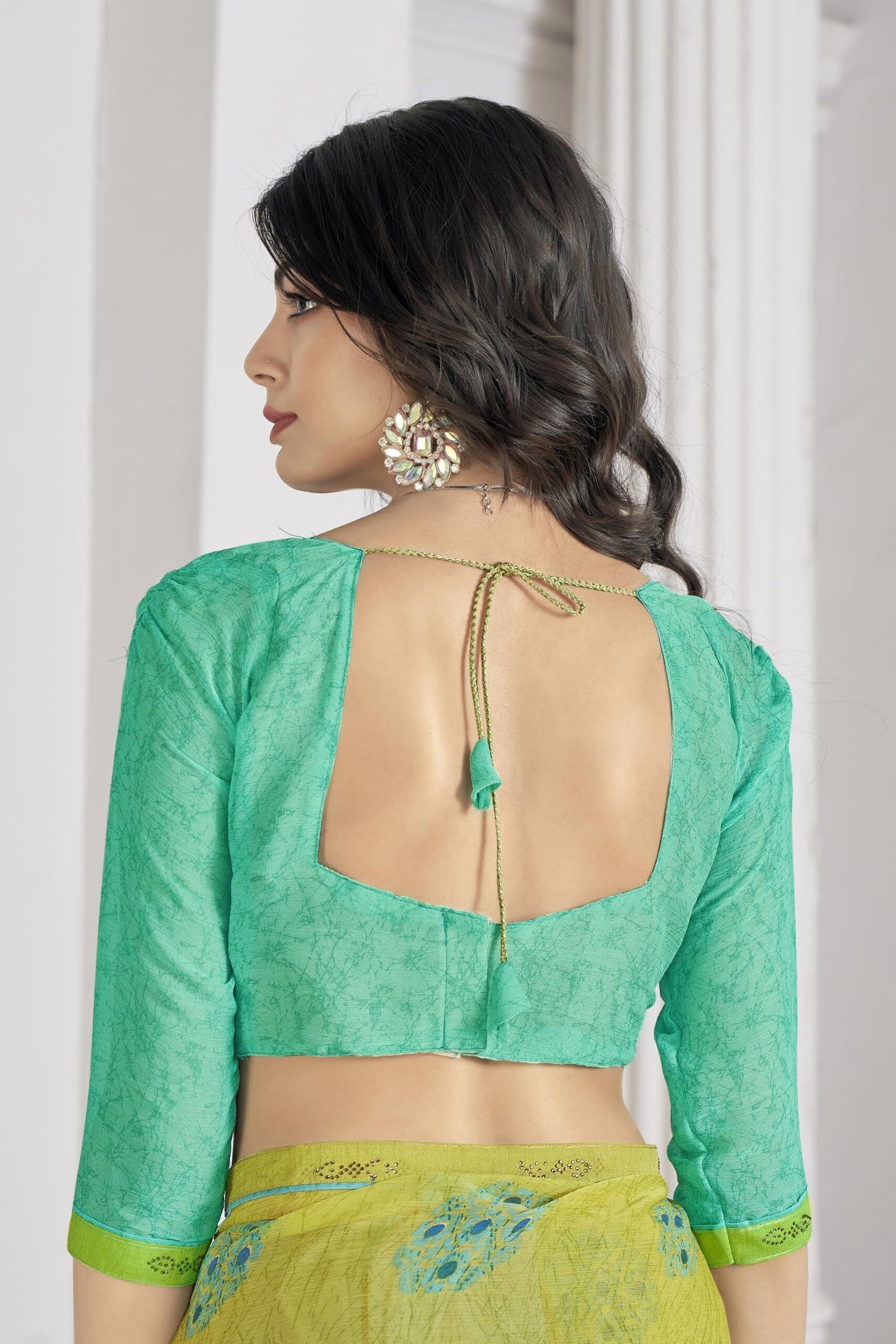 Trendy Self Printed Chiffon saree With All Over Fancy Printed Butta And Attached Siroski Lace (Lime Green)