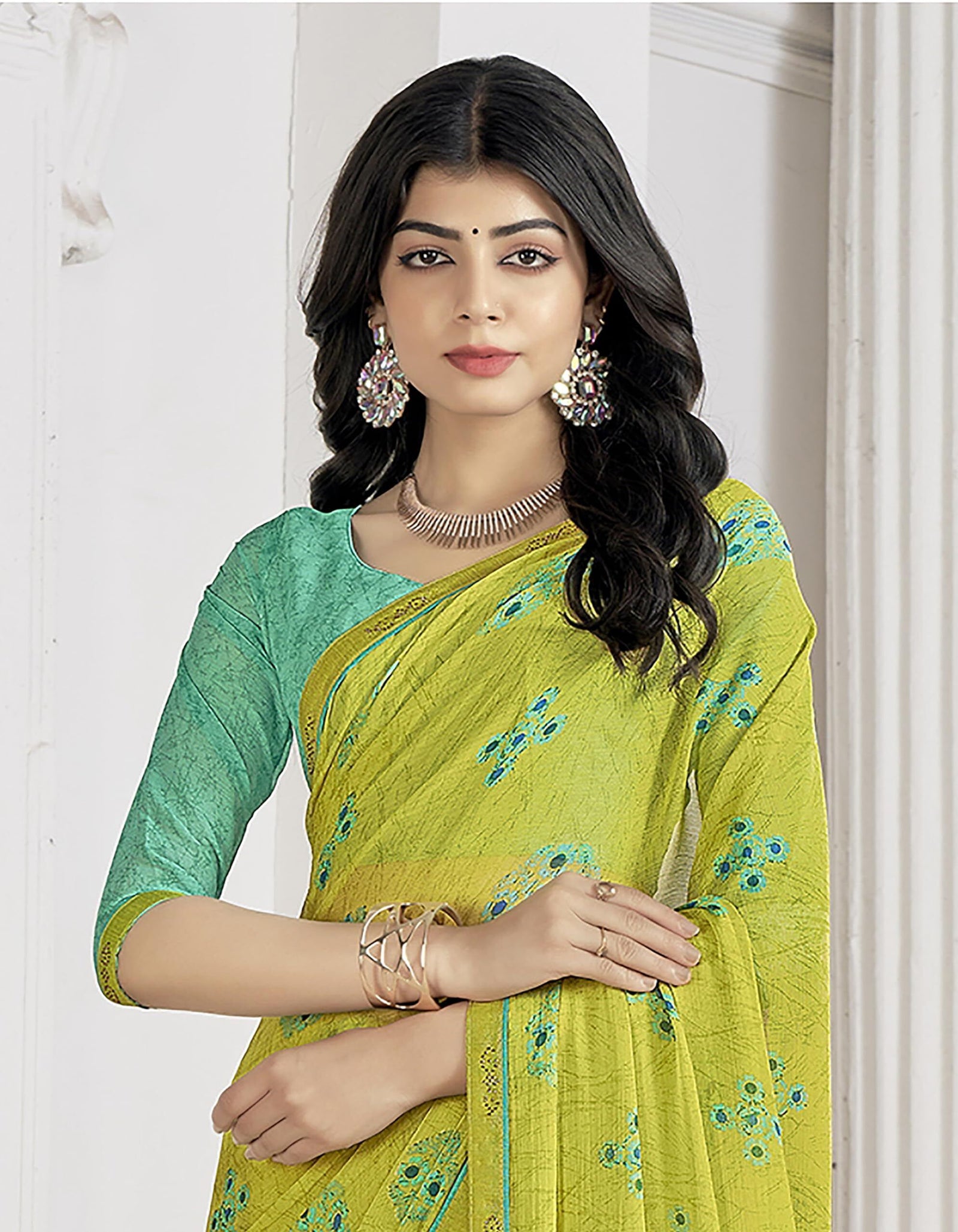 Trendy Self Printed Chiffon saree With All Over Fancy Printed Butta And Attached Siroski Lace (Lime Green)