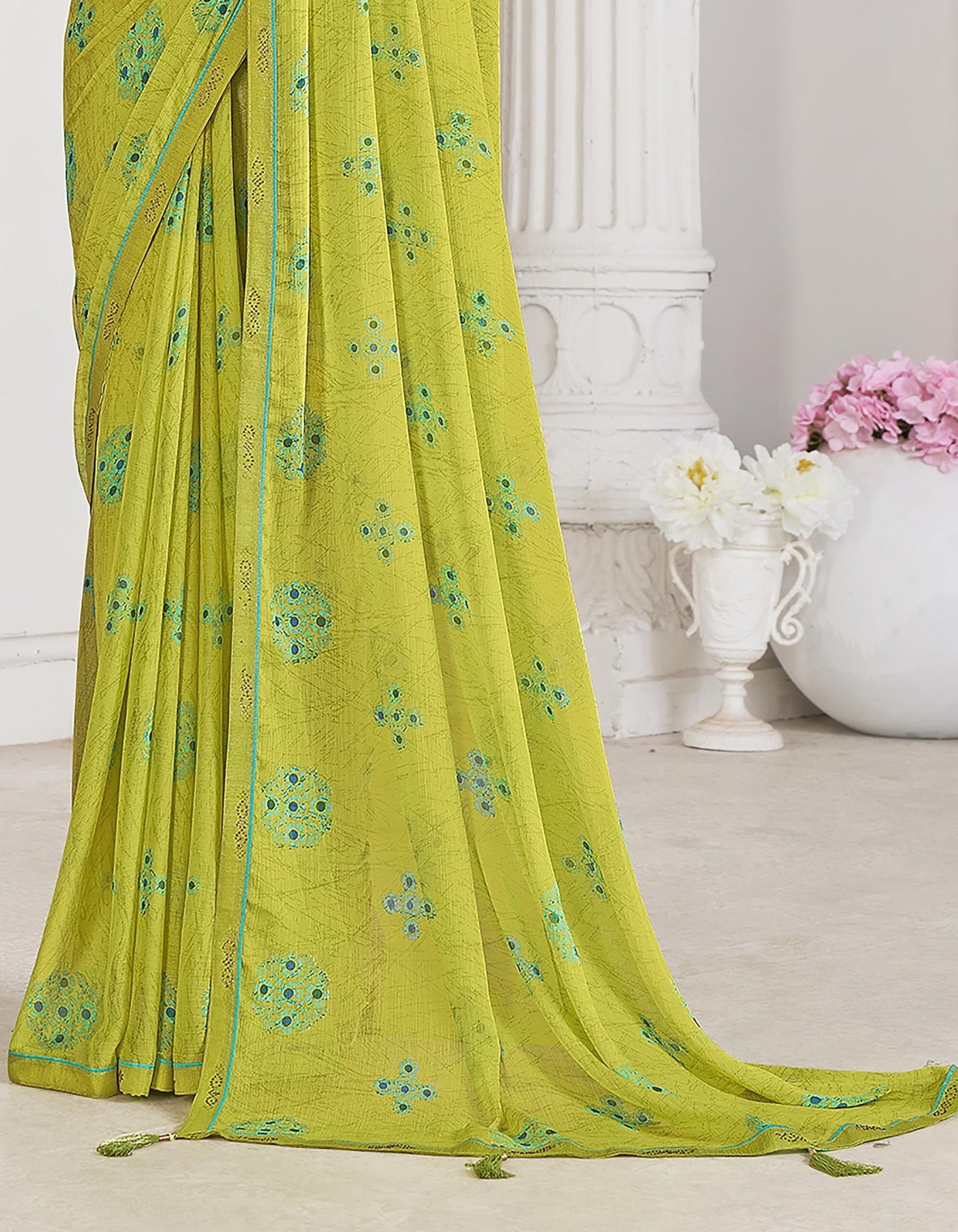 Trendy Self Printed Chiffon saree With All Over Fancy Printed Butta And Attached Siroski Lace (Lime Green)