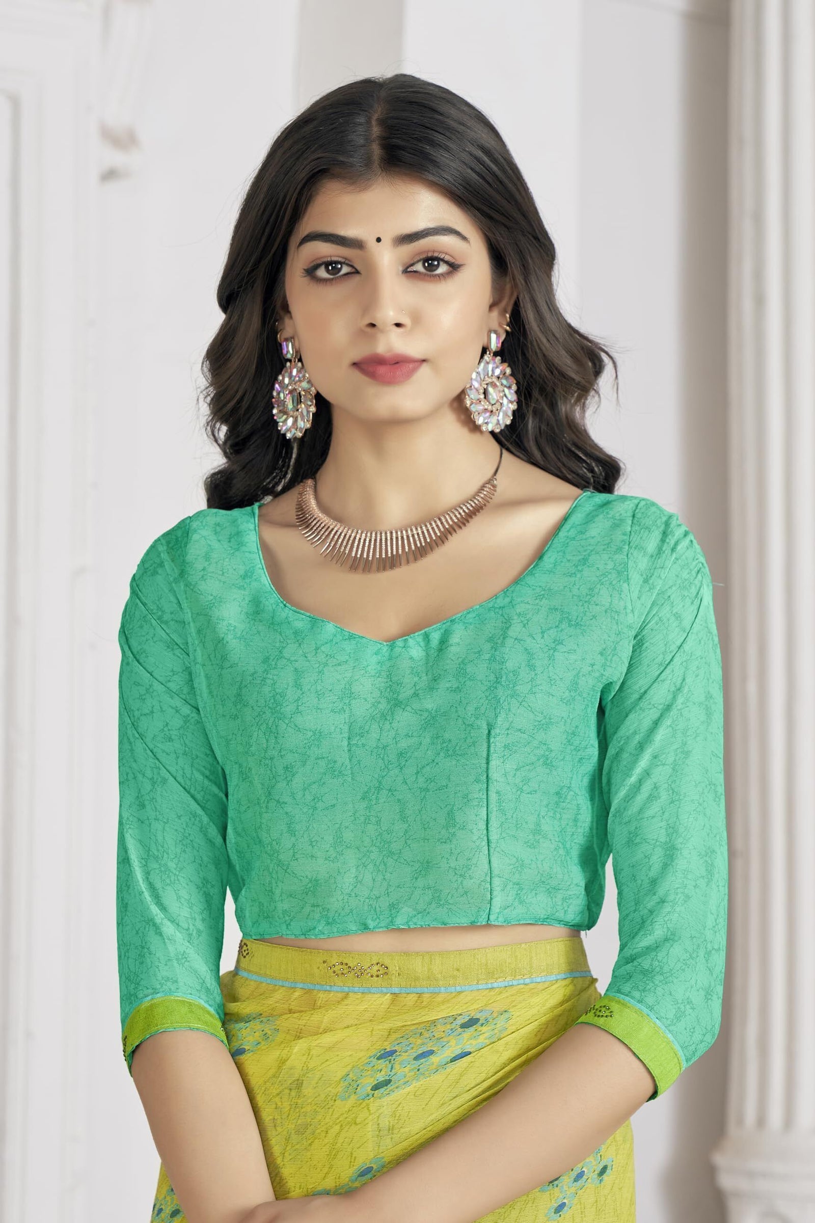 Trendy Self Printed Chiffon saree With All Over Fancy Printed Butta And Attached Siroski Lace (Lime Green)