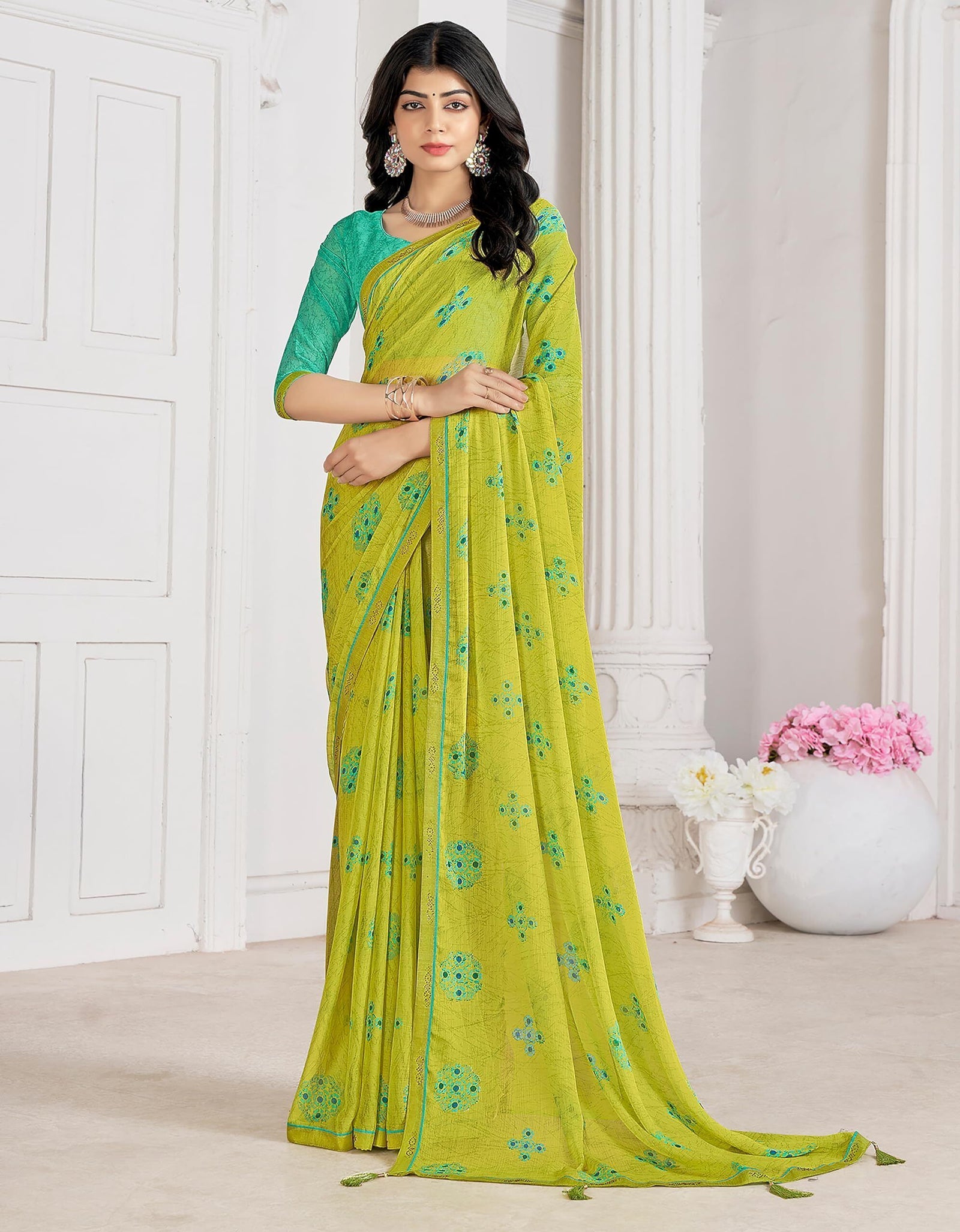 Trendy Self Printed Chiffon saree With All Over Fancy Printed Butta And Attached Siroski Lace (Lime Green)