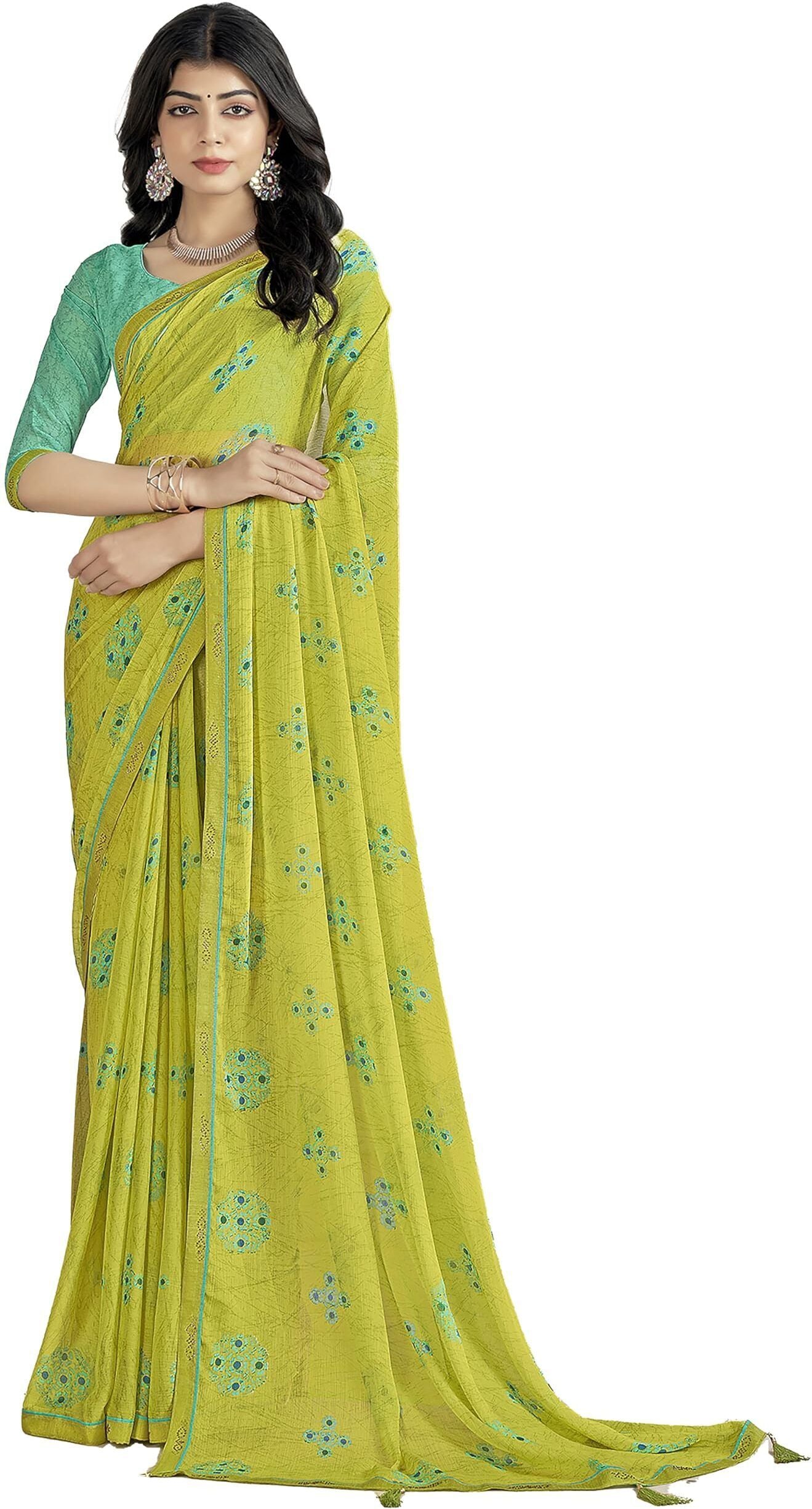 Trendy Self Printed Chiffon saree With All Over Fancy Printed Butta And Attached Siroski Lace (Lime Green)