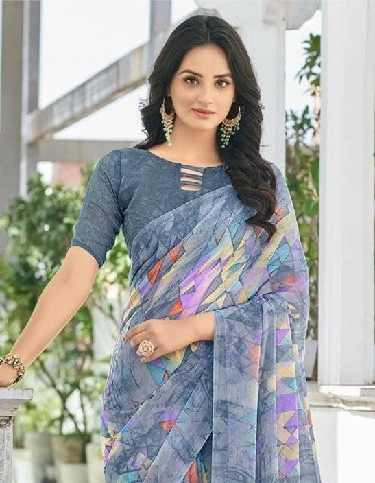 Geometric Print, Graphic Print Bollywood Chiffon, Georgette Saree (Grey)