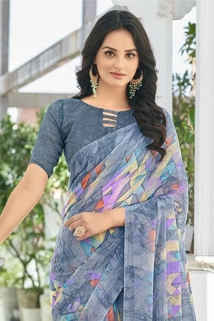 Geometric Print, Graphic Print Bollywood Chiffon, Georgette Saree (Grey)