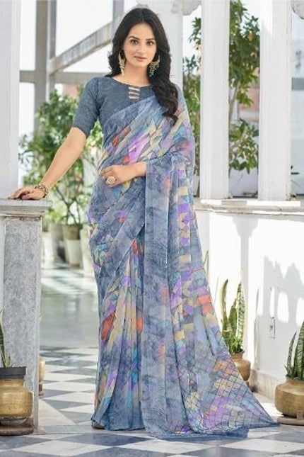 Geometric Print, Graphic Print Bollywood Chiffon, Georgette Saree (Grey)