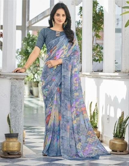 Geometric Print, Graphic Print Bollywood Chiffon, Georgette Saree (Grey)