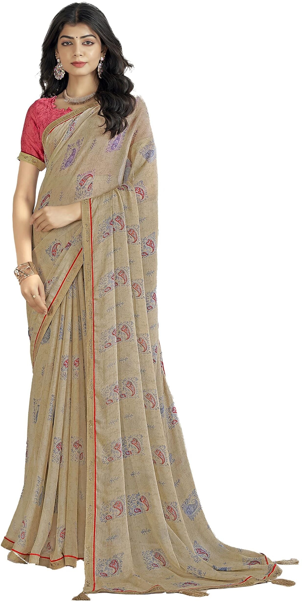 Trendy Self Printed Chiffon saree With All Over Fancy Printed Butta And Attached Siroski Lace (Cream)