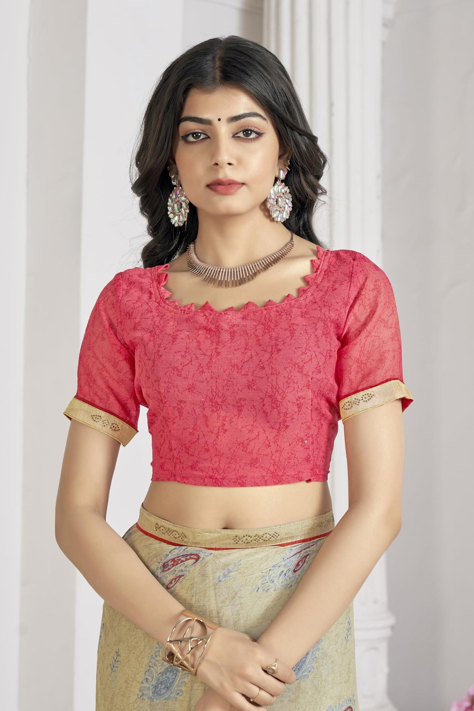 Trendy Self Printed Chiffon saree With All Over Fancy Printed Butta And Attached Siroski Lace (Cream)