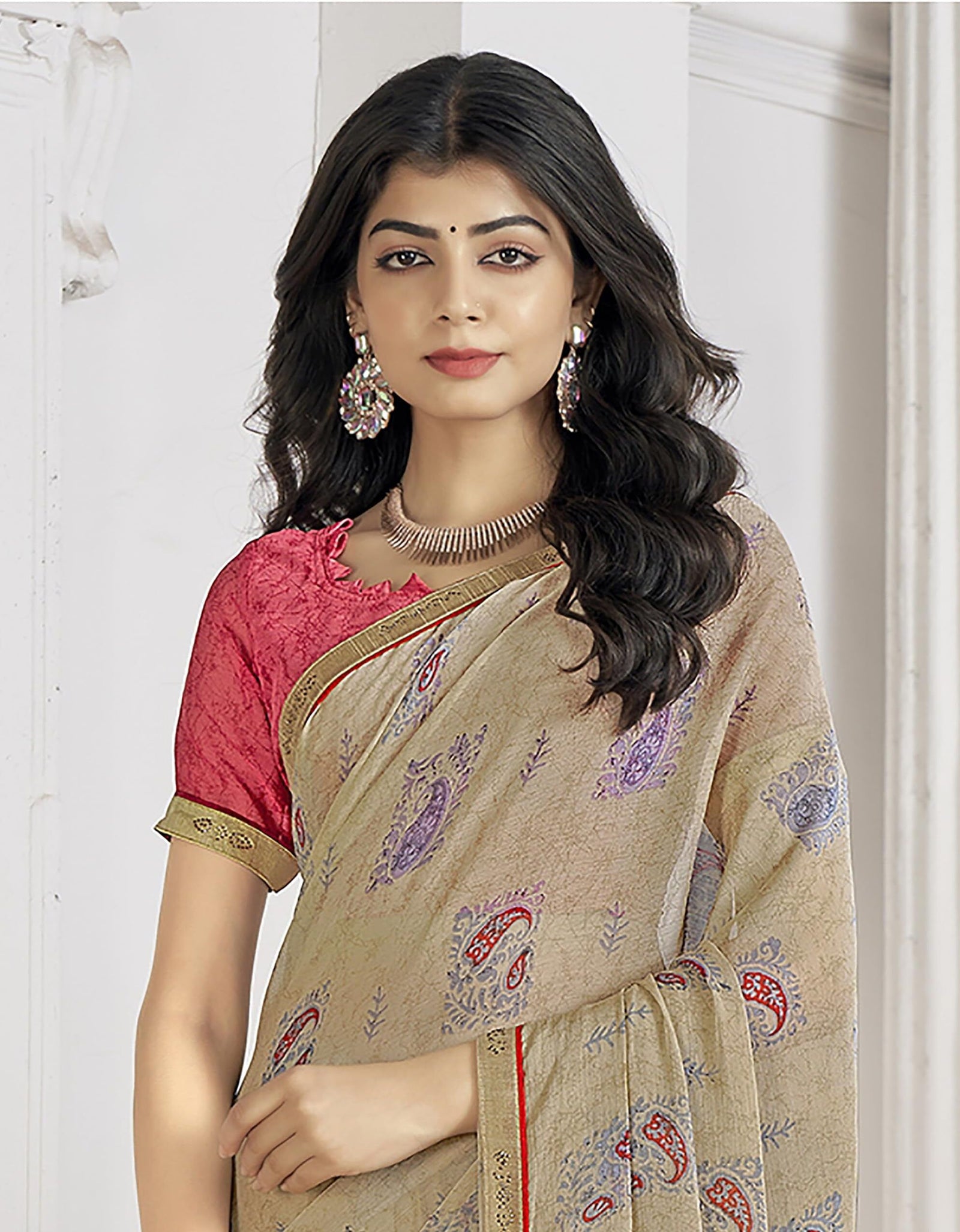 Trendy Self Printed Chiffon saree With All Over Fancy Printed Butta And Attached Siroski Lace (Cream)