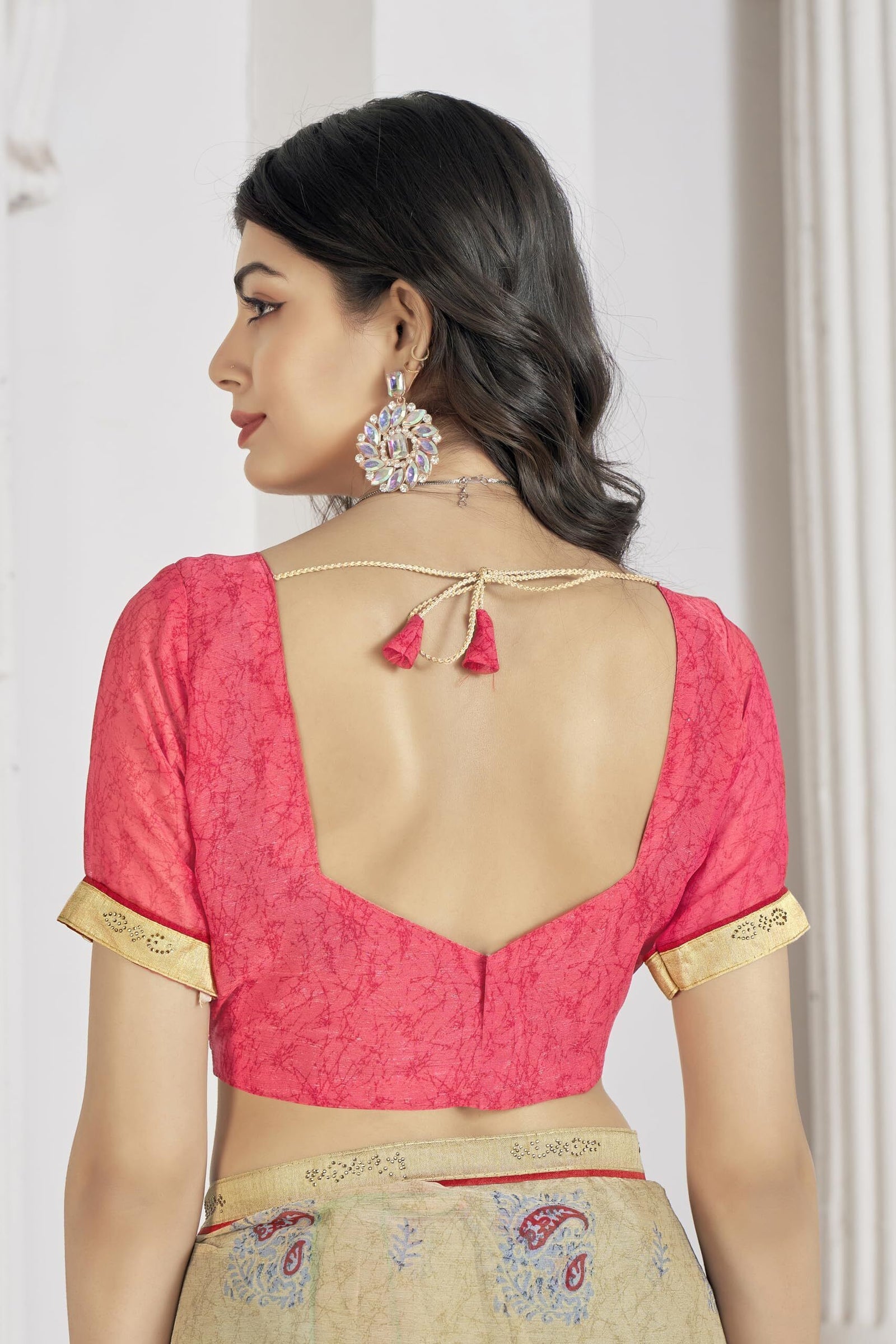 Trendy Self Printed Chiffon saree With All Over Fancy Printed Butta And Attached Siroski Lace (Cream)