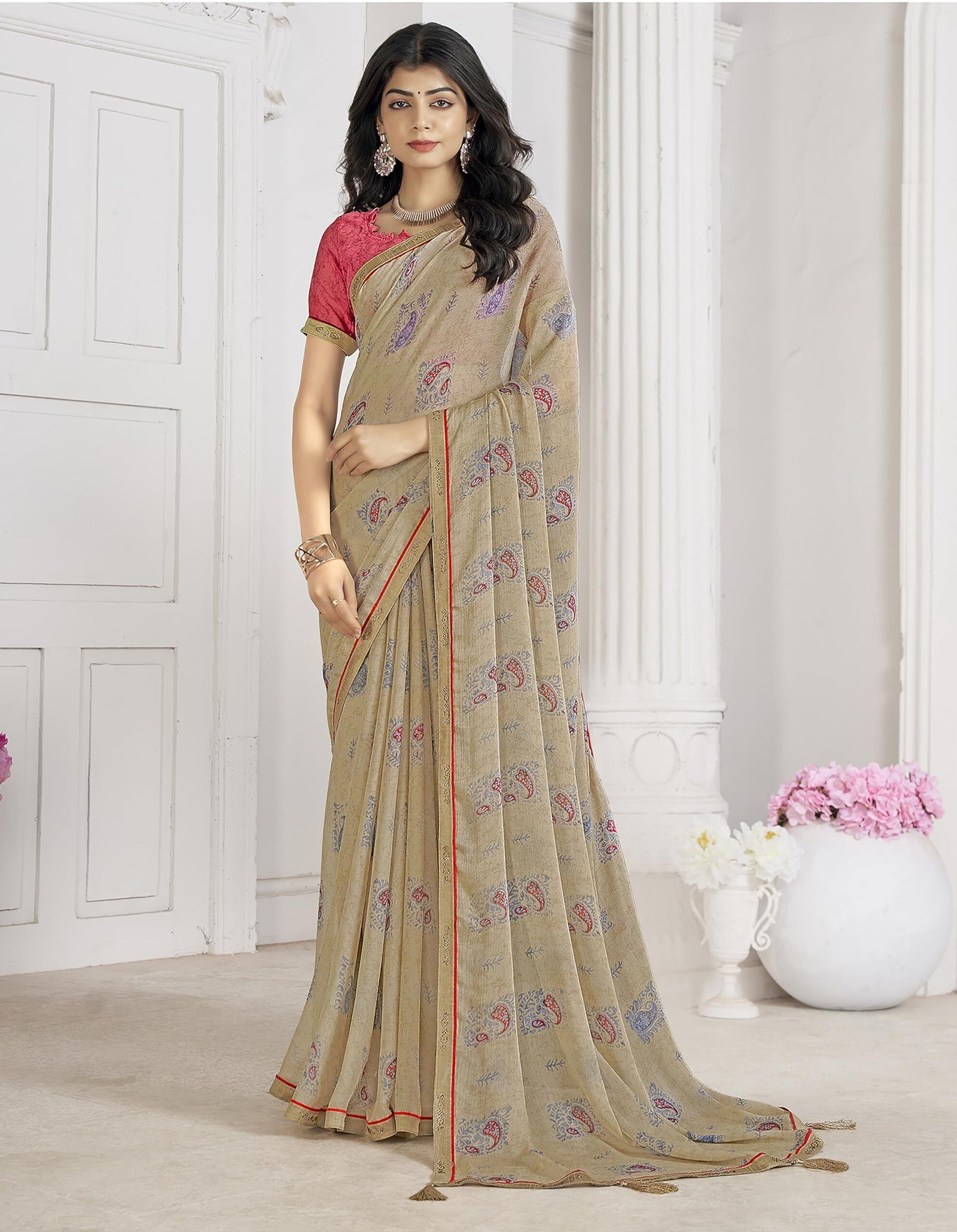 Trendy Self Printed Chiffon saree With All Over Fancy Printed Butta And Attached Siroski Lace (Cream)
