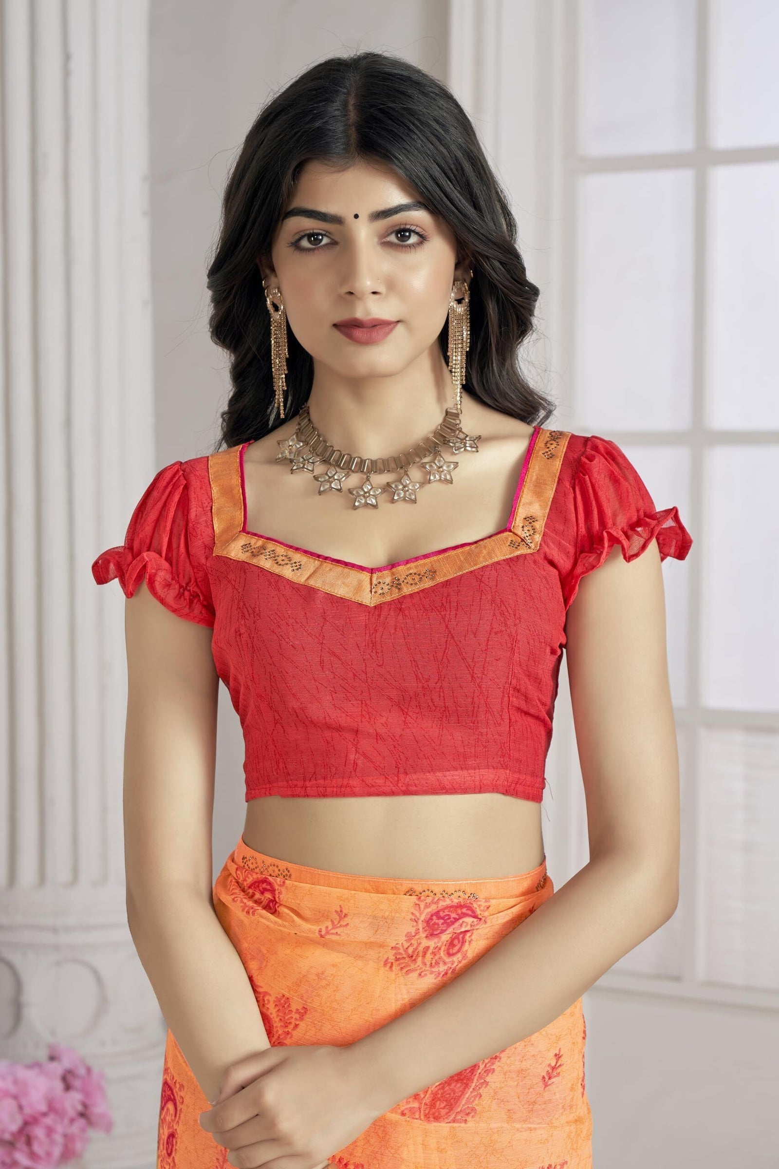 Trendy Self Printed Chiffon saree With All Over Fancy Printed Butta And Attached Siroski Lace (Orange)