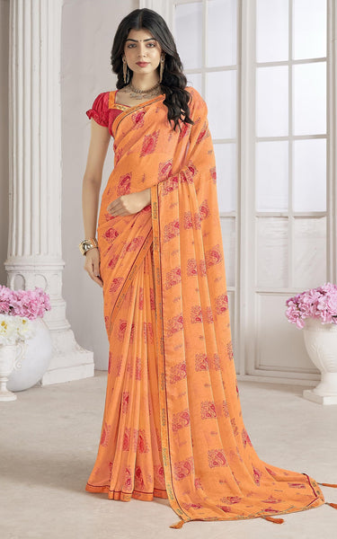 Trendy Self Printed, Chiffon saree With All Over Fancy Printed Butta And Attached Siroski Lace (Lemon)