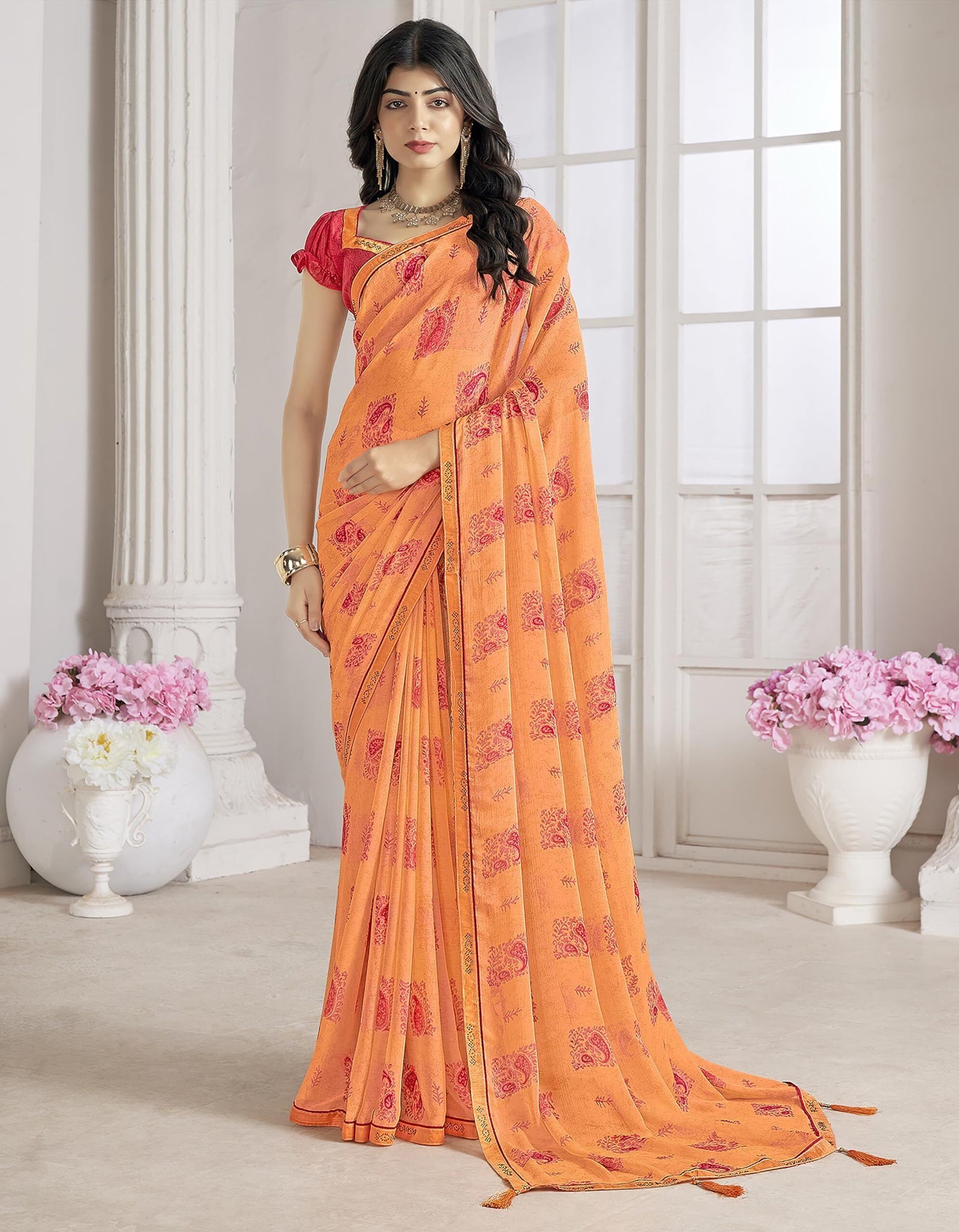 Trendy Self Printed Chiffon saree With All Over Fancy Printed Butta And Attached Siroski Lace (Orange)