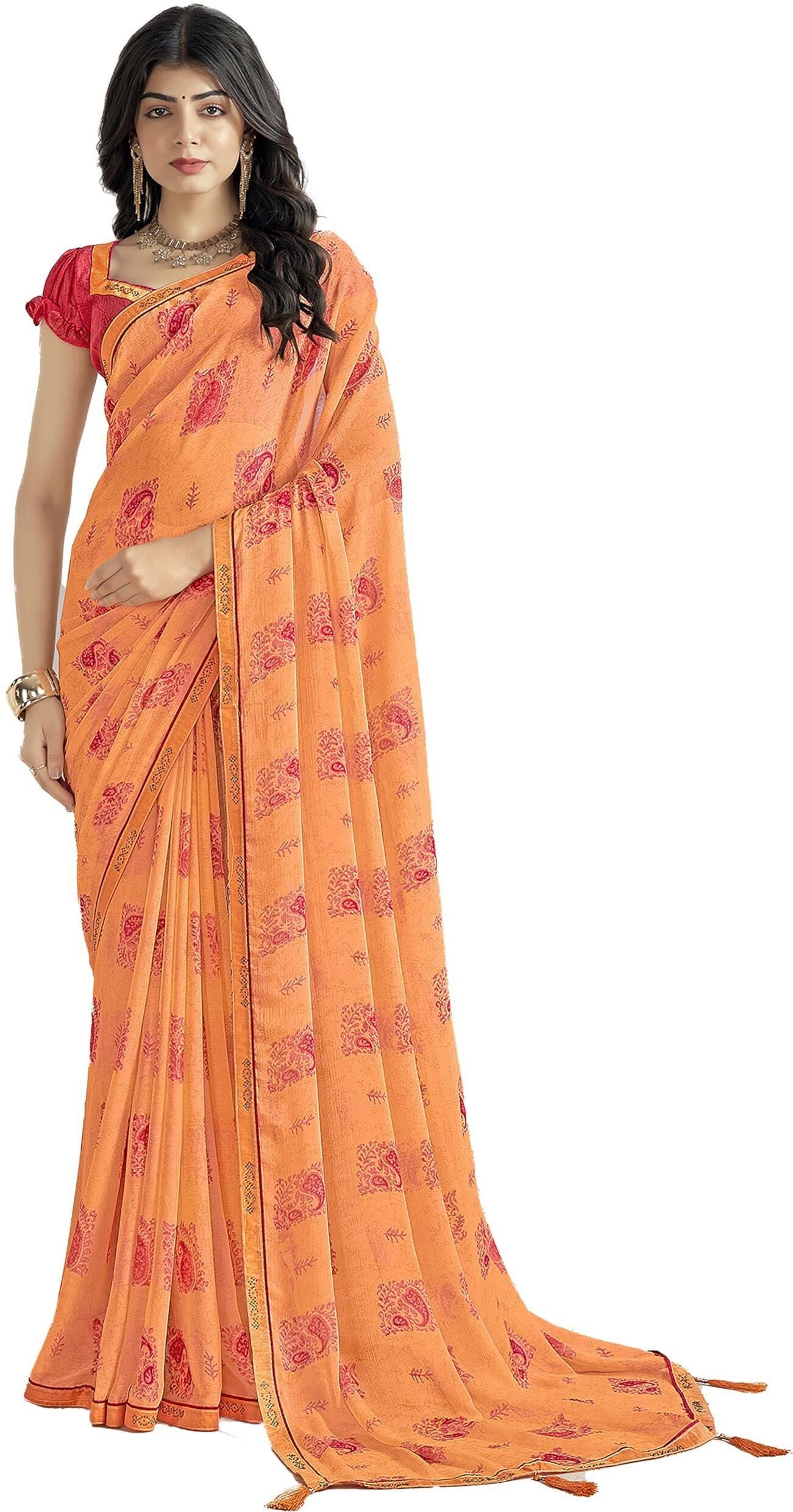 Trendy Self Printed Chiffon saree With All Over Fancy Printed Butta And Attached Siroski Lace (Orange)