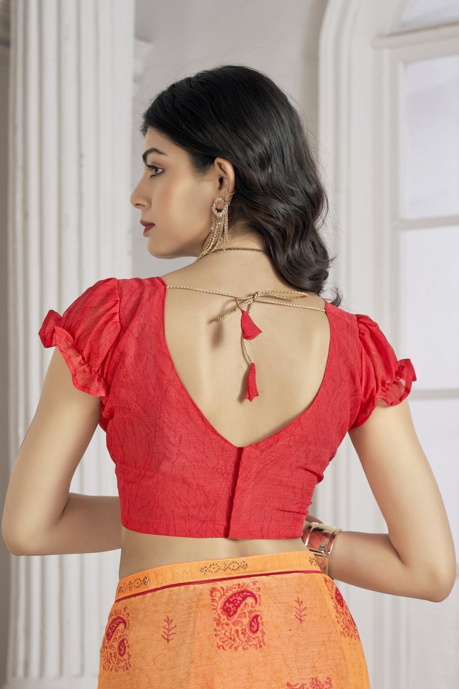 Trendy Self Printed Chiffon saree With All Over Fancy Printed Butta And Attached Siroski Lace (Orange)