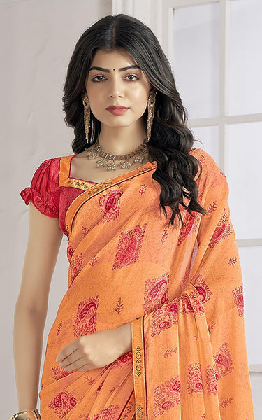 Trendy Self Printed, Chiffon saree With All Over Fancy Printed Butta And Attached Siroski Lace (Lemon)