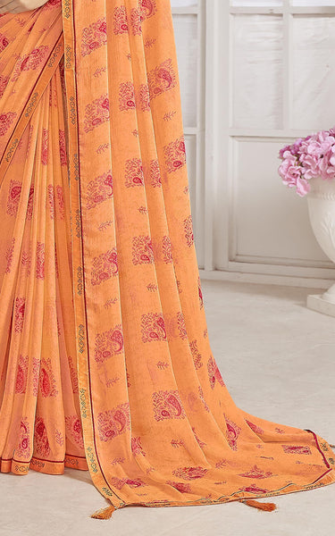 Trendy Self Printed, Chiffon saree With All Over Fancy Printed Butta And Attached Siroski Lace (Lemon)