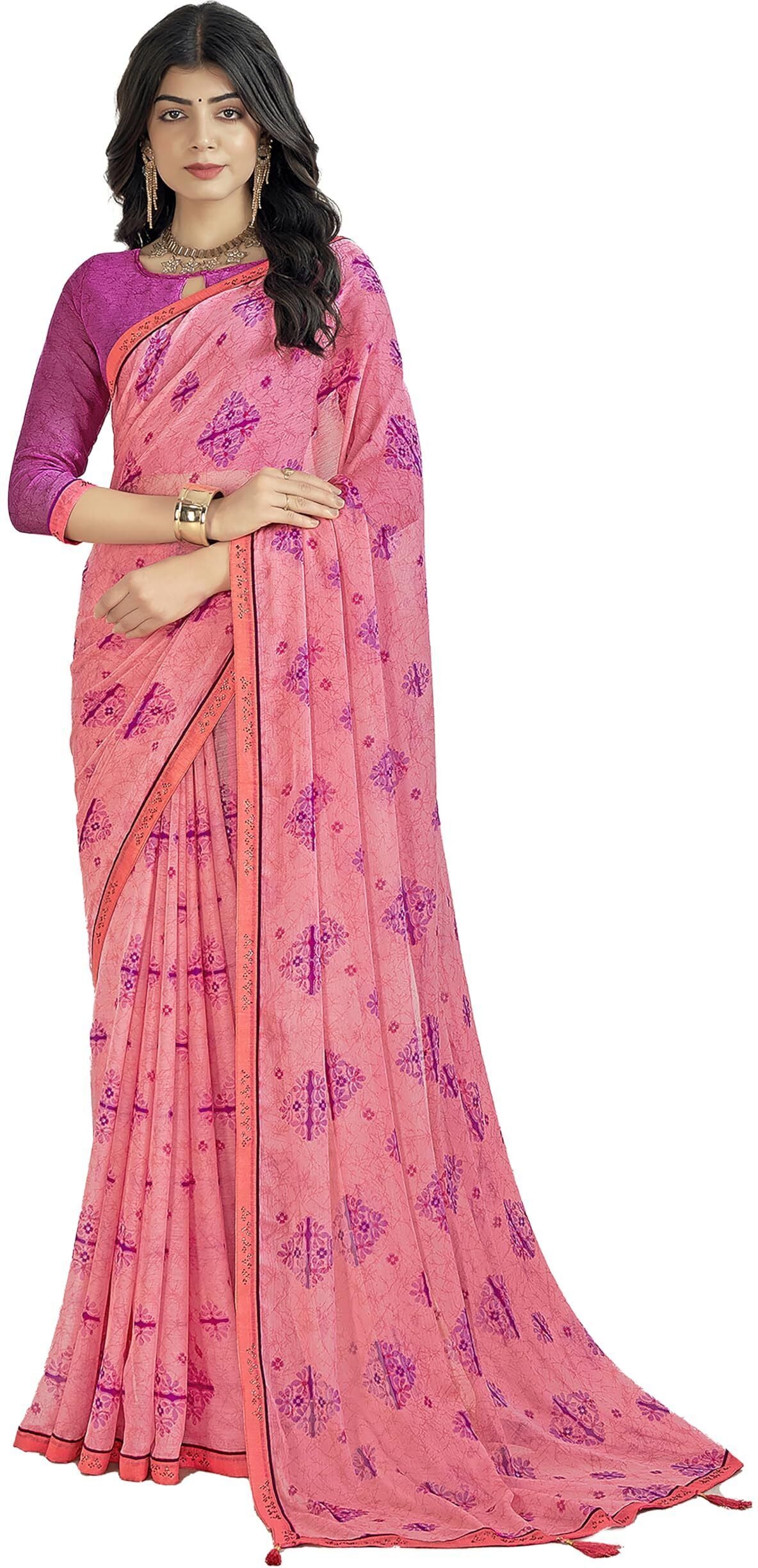Trendy Self Printed Chiffon saree With All Over Fancy Printed Butta And Attached Siroski Lace (Pink)