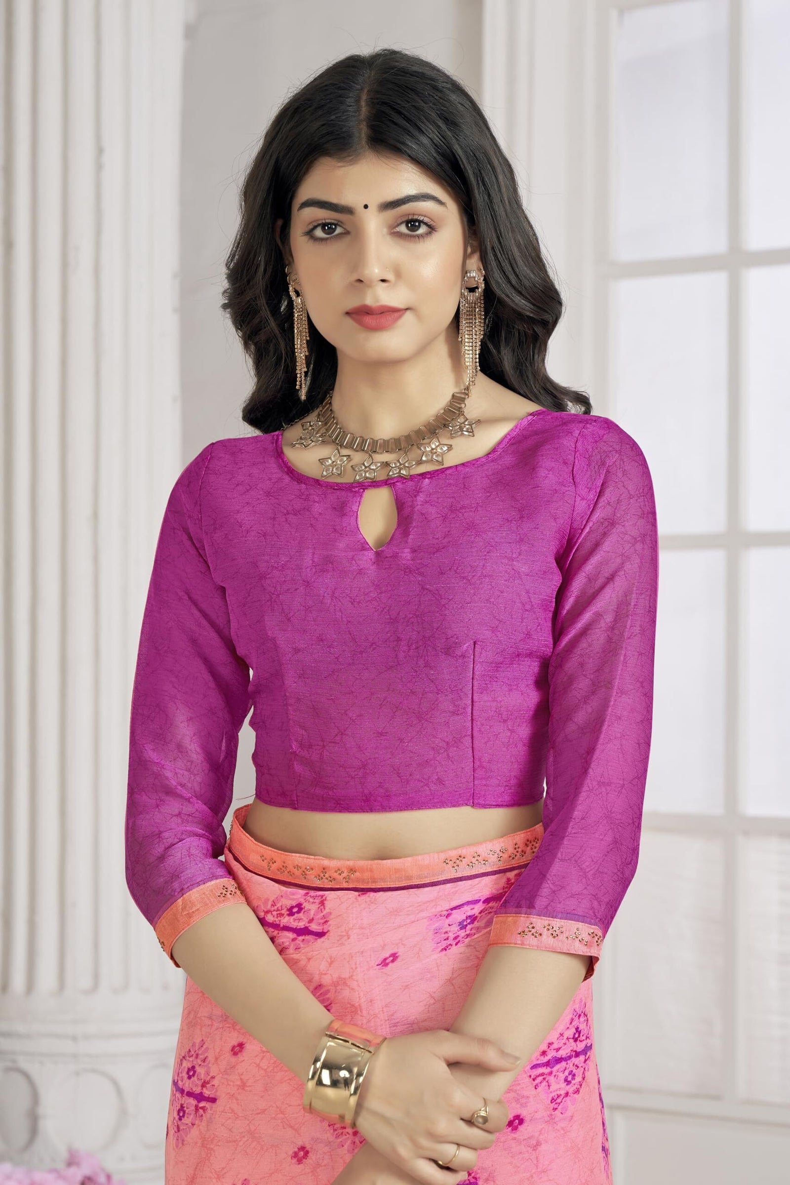 Trendy Self Printed Chiffon saree With All Over Fancy Printed Butta And Attached Siroski Lace (Pink)
