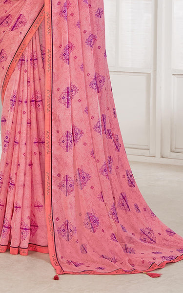 Trendy Self Printed, Chiffon saree With All Over Fancy Printed Butta And Attached Siroski Lace (Yellow)