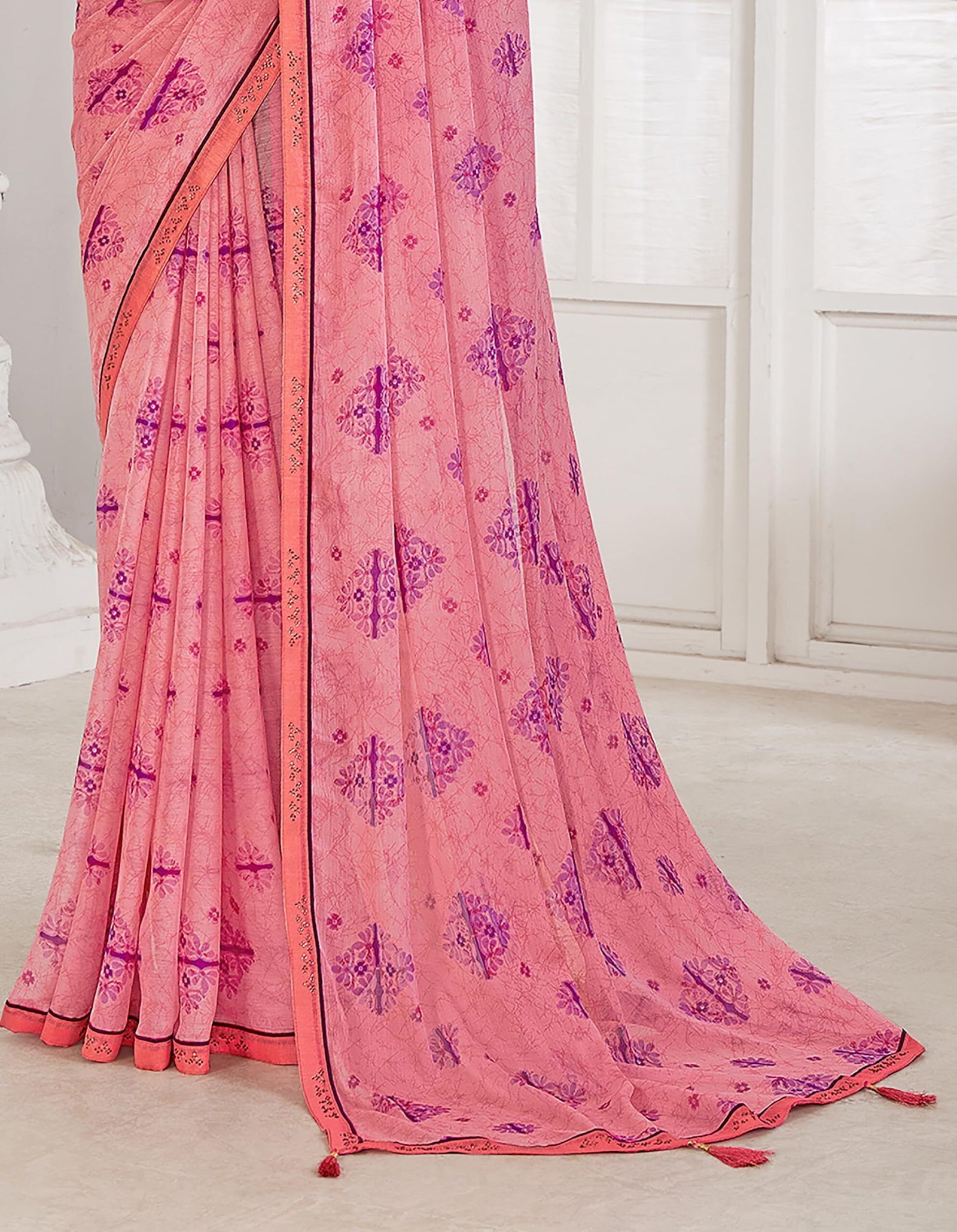 Trendy Self Printed Chiffon saree With All Over Fancy Printed Butta And Attached Siroski Lace (Pink)