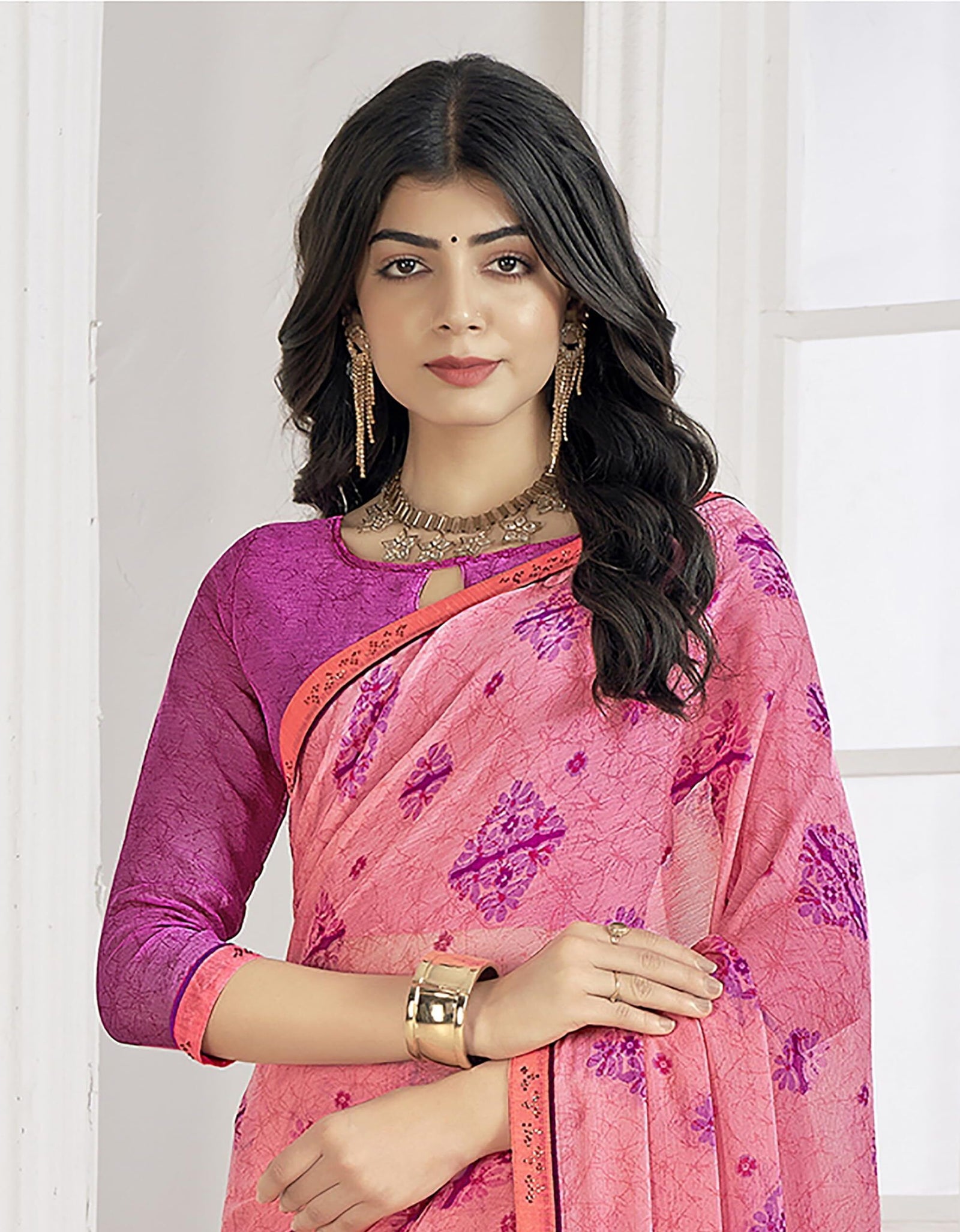 Trendy Self Printed Chiffon saree With All Over Fancy Printed Butta And Attached Siroski Lace (Pink)
