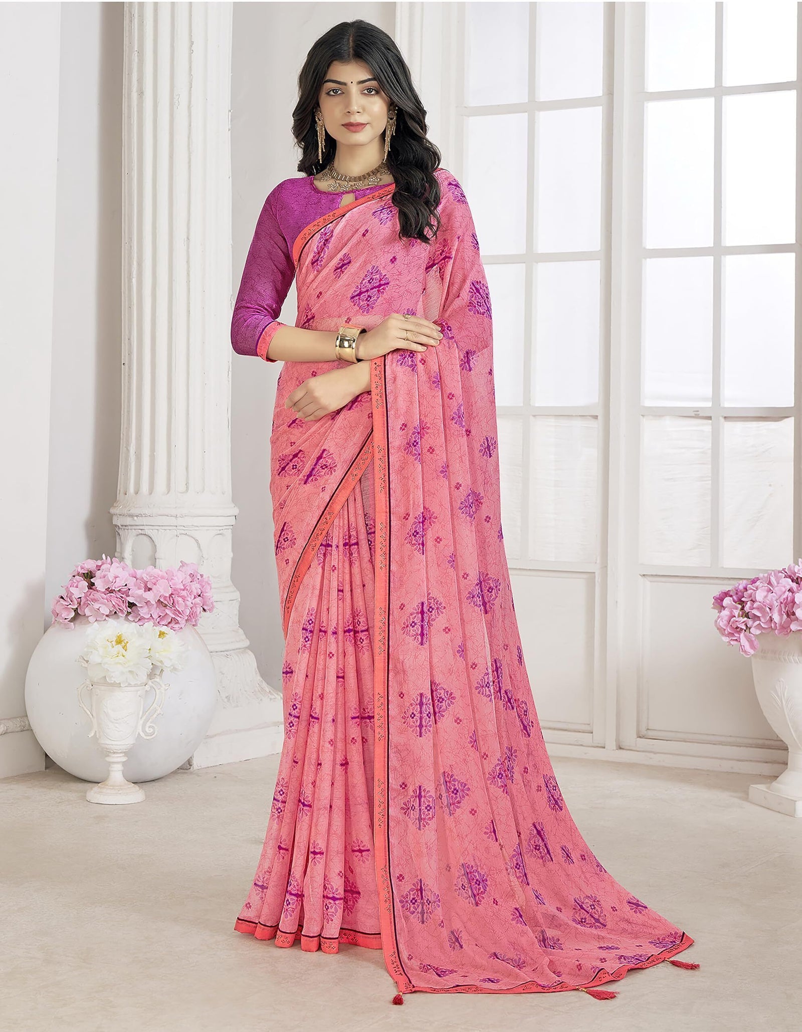 Trendy Self Printed Chiffon saree With All Over Fancy Printed Butta And Attached Siroski Lace (Pink)
